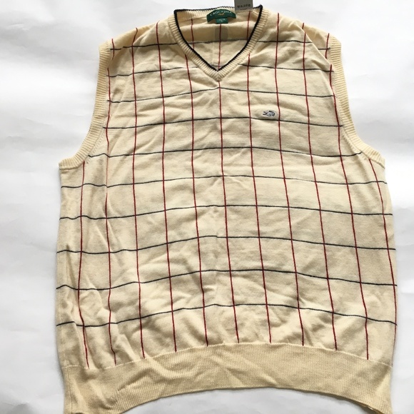 Crocodile Sweater Vest V Neck Beige Red Black Check Sz L Preppy Golf Merino Wool - Picture 3 of 6